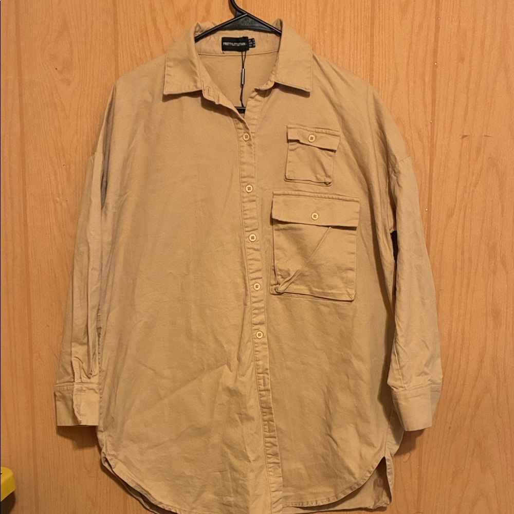 PrettyLittleThing Beige Button-Up Shirt - Picture 1 of 5